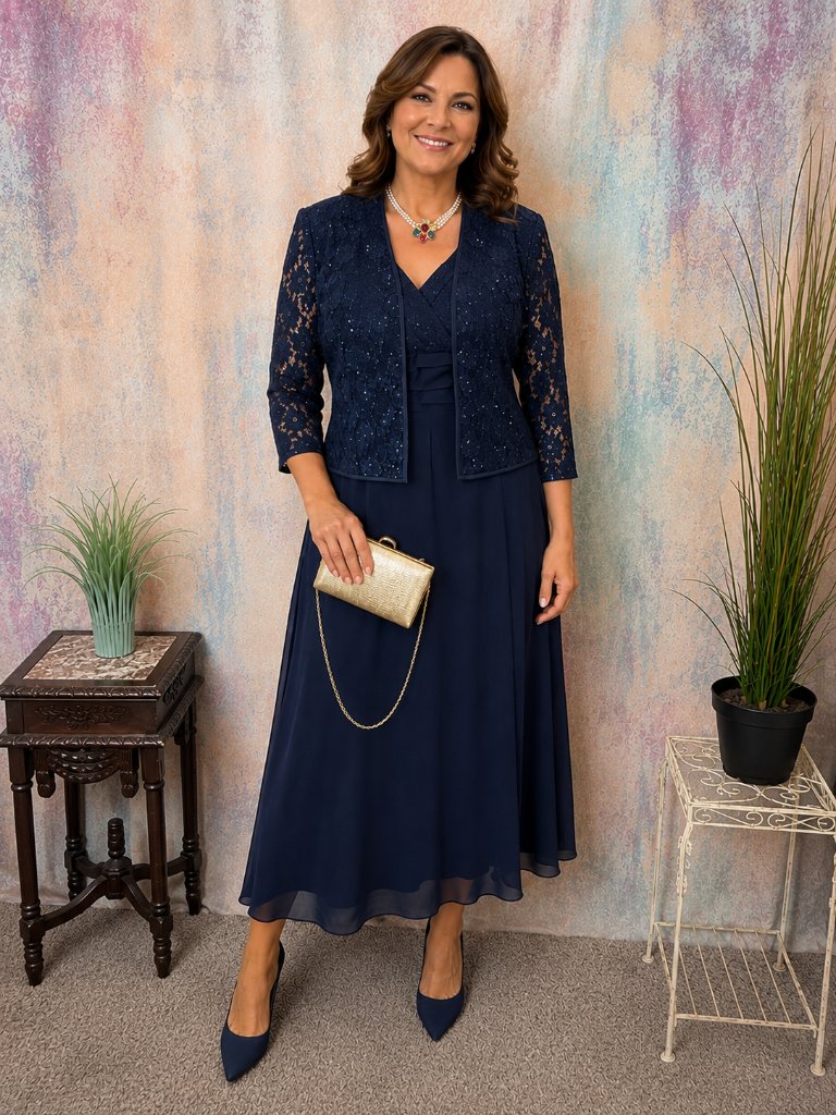 R & M Richards Great For Many Occasions Navy Blue Lace Midi Dress & Bolero